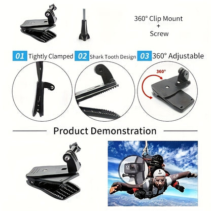 Camera accessory kit for various action cameras including GoPro, Insta360, DJI, AKASO, Sjcam, YI, Soocoo, EKEN, with stabilizer for outdoor photography.