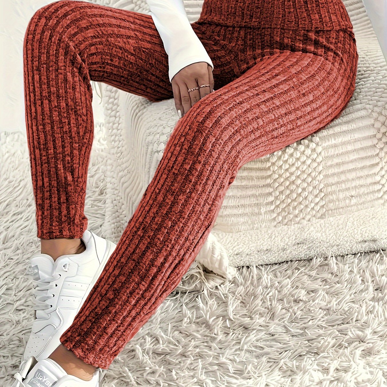 Plus size high waist solid color knit leggings in polyester fabric, suitable for autumn/winter.