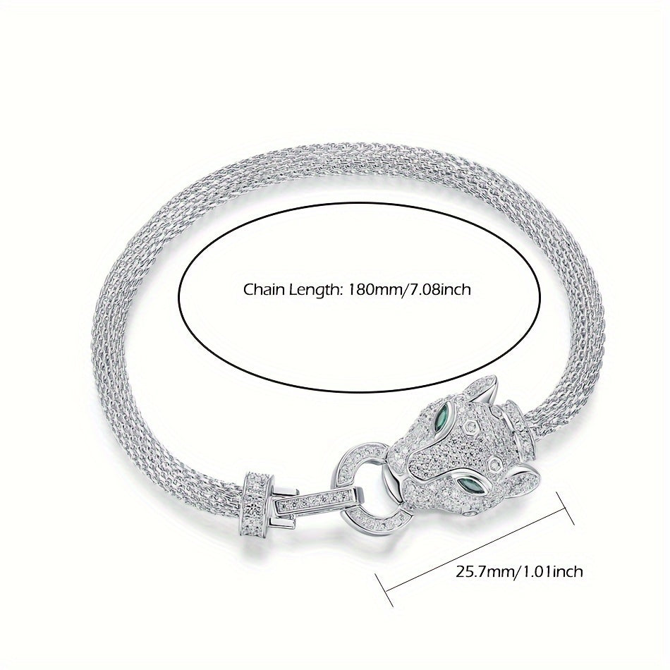 Luxurious 925 Sterling Silver Bracelet adorned with a Leopard Head Charm - Timeless Elegance, Sparkling Zirconia Detailing, Perfect Fashion Statement for Special Occasions and Gifting.