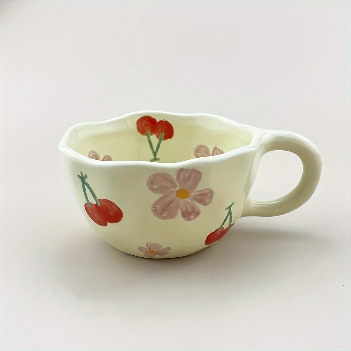 Ceramic mug with flowers pattern, irregular shape, Korean style, suitable for coffee, milk, tea, oatmeal, and breakfast.