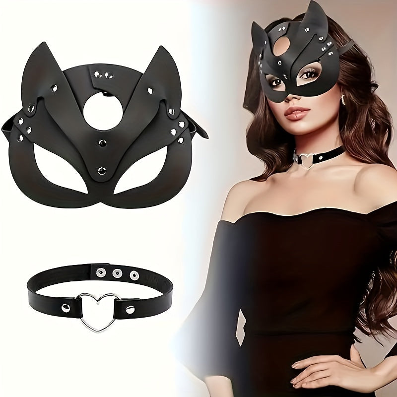 Woman's Faux Leather Cat Mask Costume with Bunny and Fox Animal Half Face Mask for Cosplay, Halloween Party Decoration, and Props