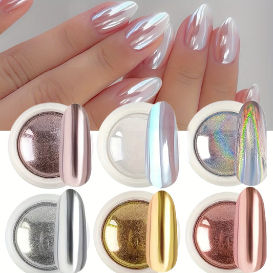 6 pieces of chrome mirror nail powder in golden, silver metallic shades for nail decorations