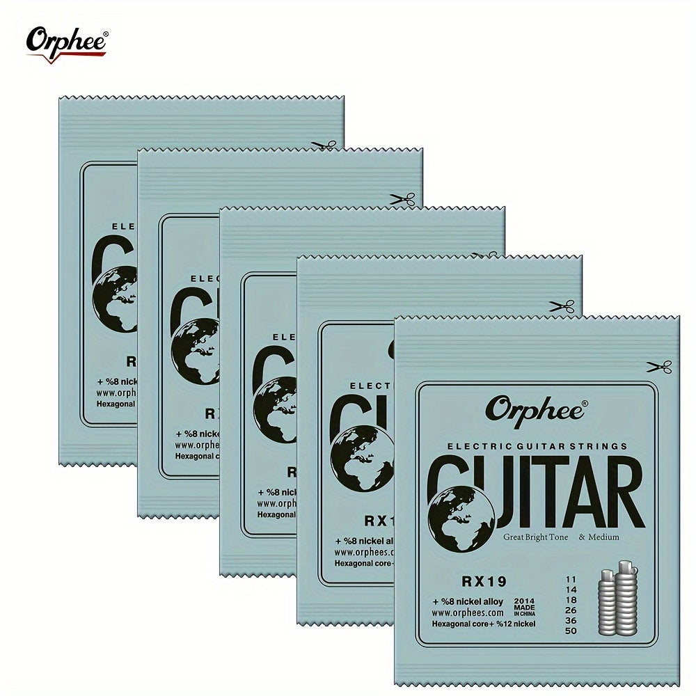 5 sets of 6 thick and thin electric guitar strings (0.23-1.27mm), RX Practice Series, made of hexagonal carbon steel for 6-string guitars.