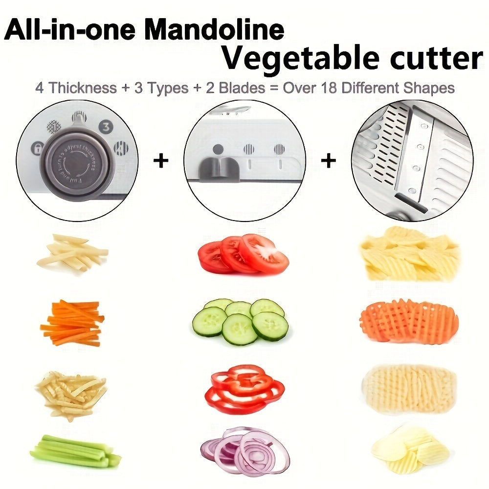 Professional grade stainless steel mandoline slicer capable of adjusting to 18 different sizes, perfect for slicing vegetables such as onions and potatoes. Safe and easy to use, this kitchen accessory is a must-have for any cook.