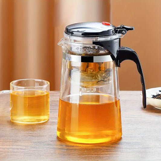 Elegant glass teapot with easy one-button infuser, perfect for loose leaf and blooming tea in home, office, or restaurant.