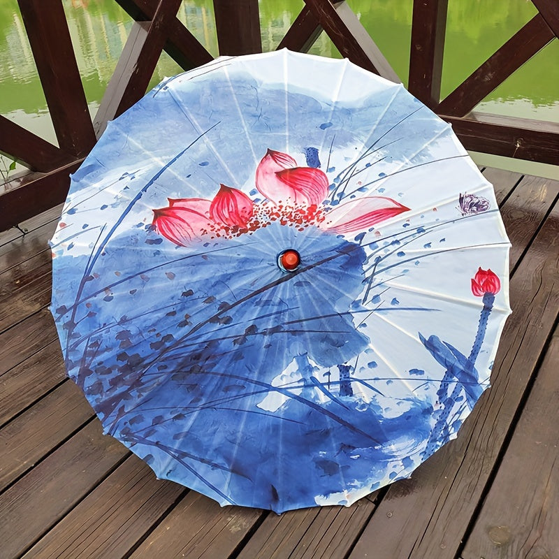 Chinese Flowers Parasol Umbrella with Cherry Blossom Sakura Floral Bamboo Handle for Sun and Rain Protection, Ideal for Weddings and Parties.