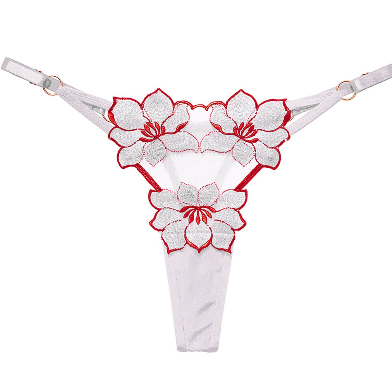 Women's sexy lingerie and underwear with floral embroidery thongs and hollow ring linked panties.