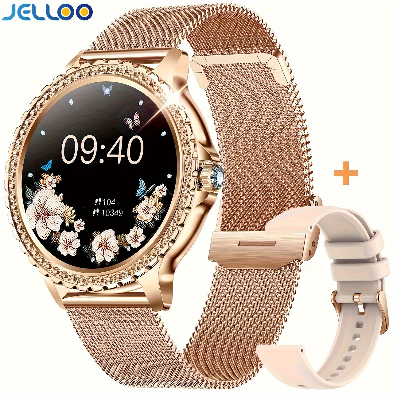 JELLOO Fashion Ladies Smart Watch for Women with 1.32-inch HD Full Touch Screen, Wireless Calls, Silicone Strap, Rechargeable Battery, Water Resistant, TFT Screen.