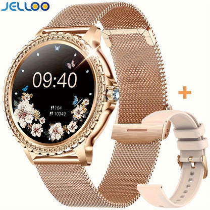 JELLOO Fashion Ladies Smart Watch for Women with 1.32-inch HD Full Touch Screen, Wireless Calls, Silicone Strap, Rechargeable Battery, Water Resistant, TFT Screen.