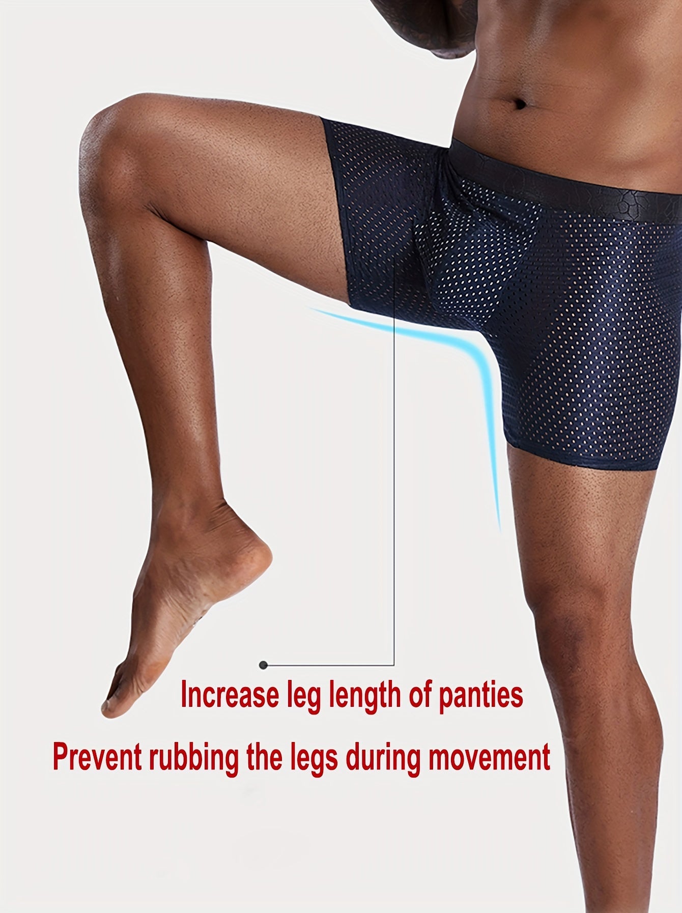 4 pairs of men's underwear with extended trouser legs, mesh holes, flat corners, and breathable fabric.