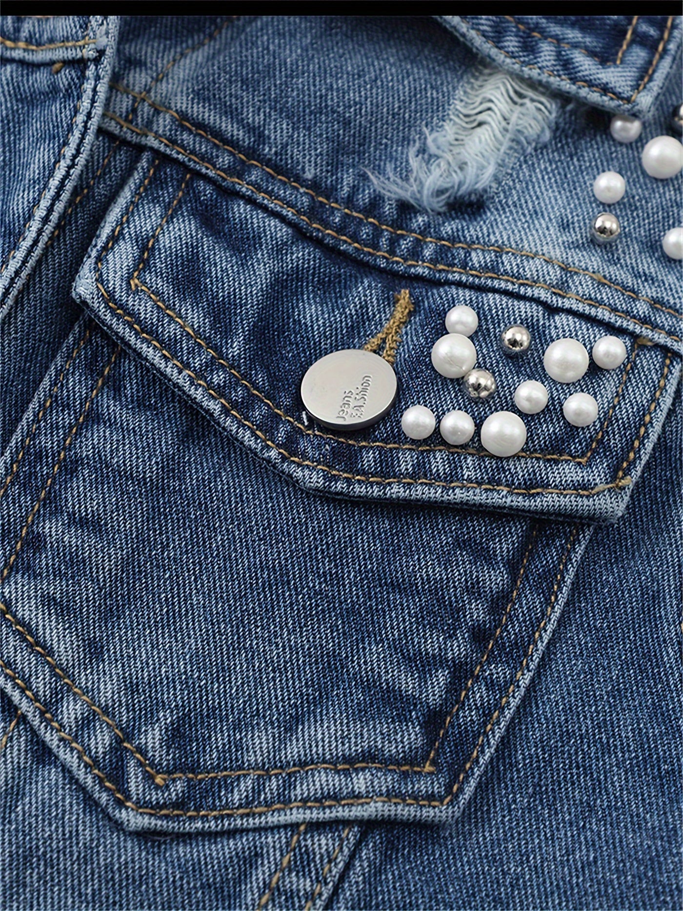 YANLINHUOLI Plus-Size Pearl-Beaded Denim Vest - Casual Light Blue Ripped Jean Jacket with Sleeveless Design, Button Closure, and Lapel Collar. Crafted for Spring/Fall Fashion.