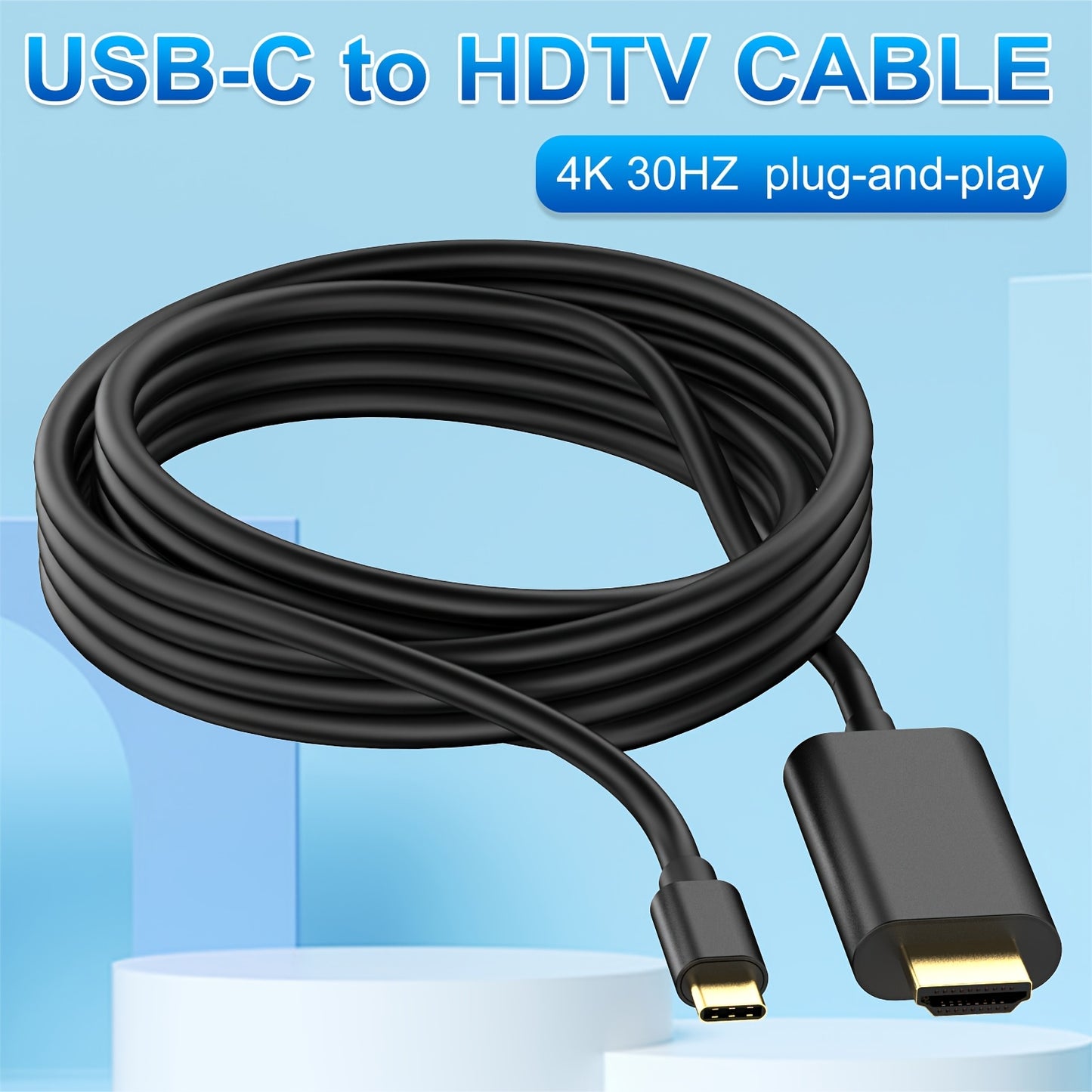 182.88cm USB-C to HDTV Cable for MacBook Air, iPad Pro, Surface, Chromebook, TV Monitor. 4K HD resolution, flat male to male connector, includes Cat5e Ethernet Cable and USB-powered with 5V