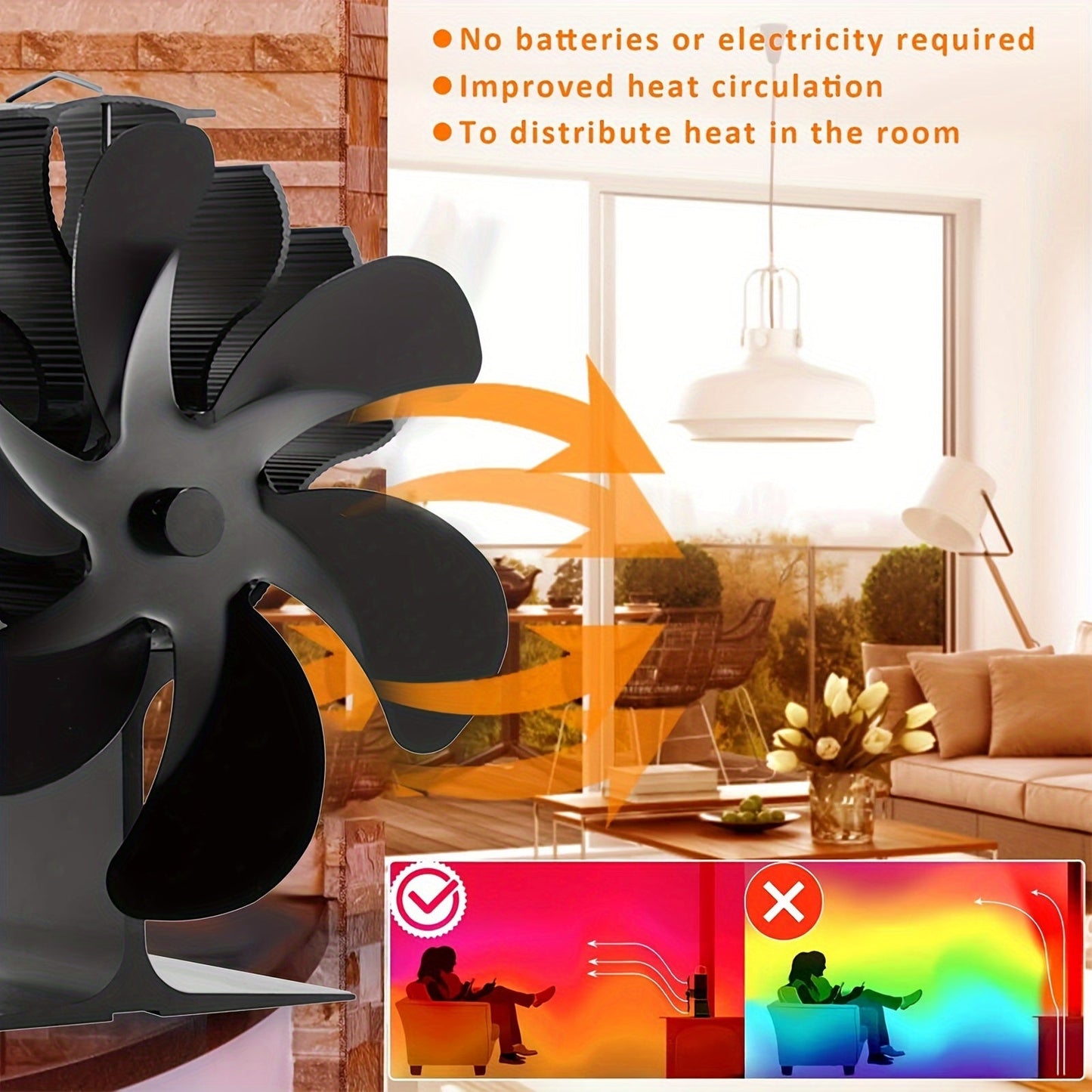 Essential for the fall and winter seasons, this non-electric wood stove fan features six blades to efficiently distribute heat from your wood/gas/log burner stove. A must-have accessory for your fireplace, this heat-powered fan will keep your home warm