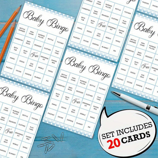 20 pack of blue polka dot design baby shower bingo game cards - a fun and interactive activity for family and friends. Perfect for celebrating with your loved ones, these English language party supplies are sure to make the baby shower a memorable event.