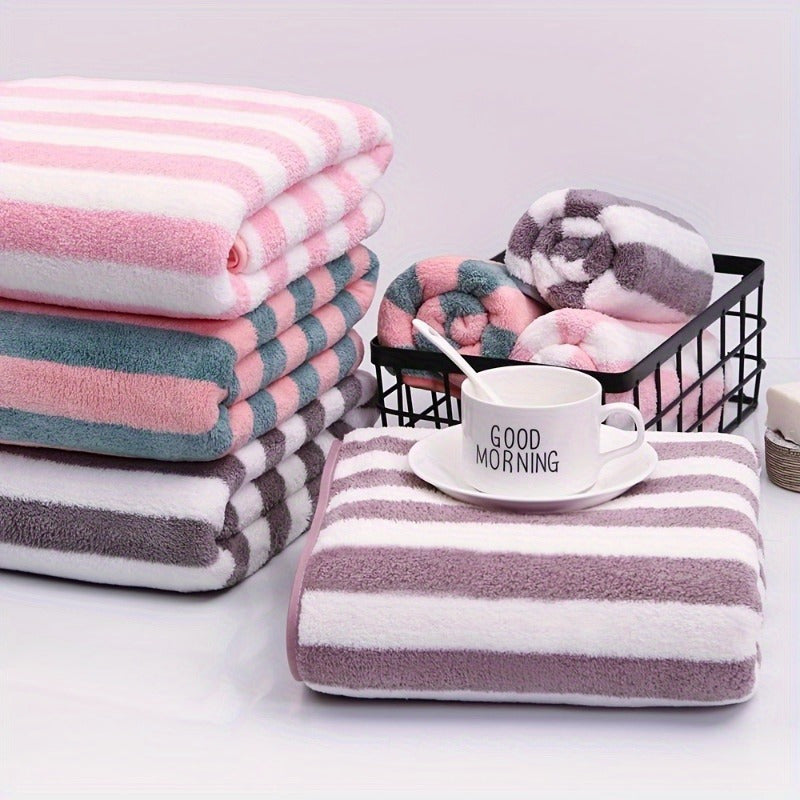 1 Quick-Dry Plush Coral Fleece Towel, Absorbent, Comfortable, Modern Stripe Design, Ideal for Home & Travel