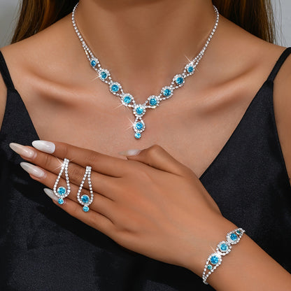 Chic Jewelry Set Featuring Silver Plated Copper and Stunning Blue & Black Rhinestones, Includes Necklace, Earrings, and Bracelet - Perfect for Parties, Weddings, and Any Season - Great Thanksgiving Gift Idea