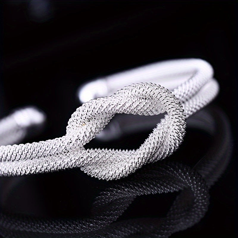 Braided Mesh Open Hand Ring Bracelet in Silvery S925, Unisex Design for Men and Women with Matching Models