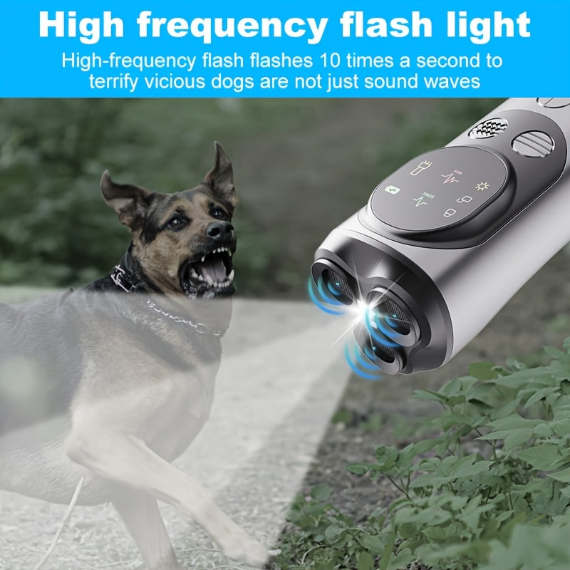 Rechargeable bark control device with LED flashlight for training dogs, with USB charging and lithium battery.