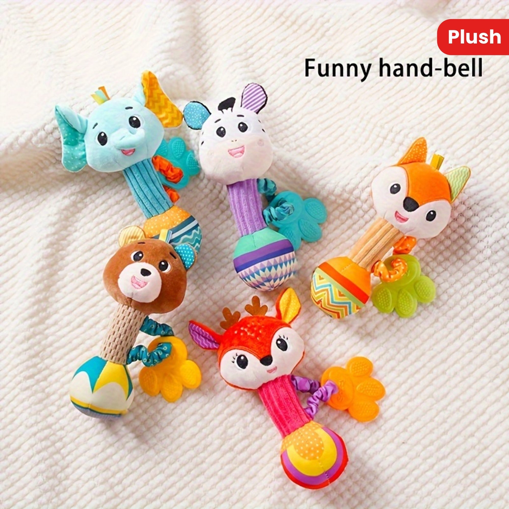 Soft plush doll toy with grasping stick, soothing puzzle bed bell, and hand shake bell