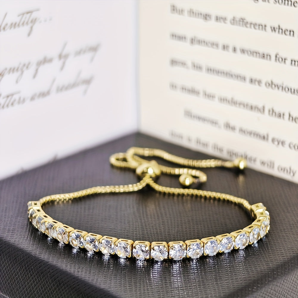 Stylish vintage-inspired cubic zirconia tennis bracelet with adjustable copper chain and sparkling rhinestones, ideal for parties or casual wear, great Valentine's Day gift.