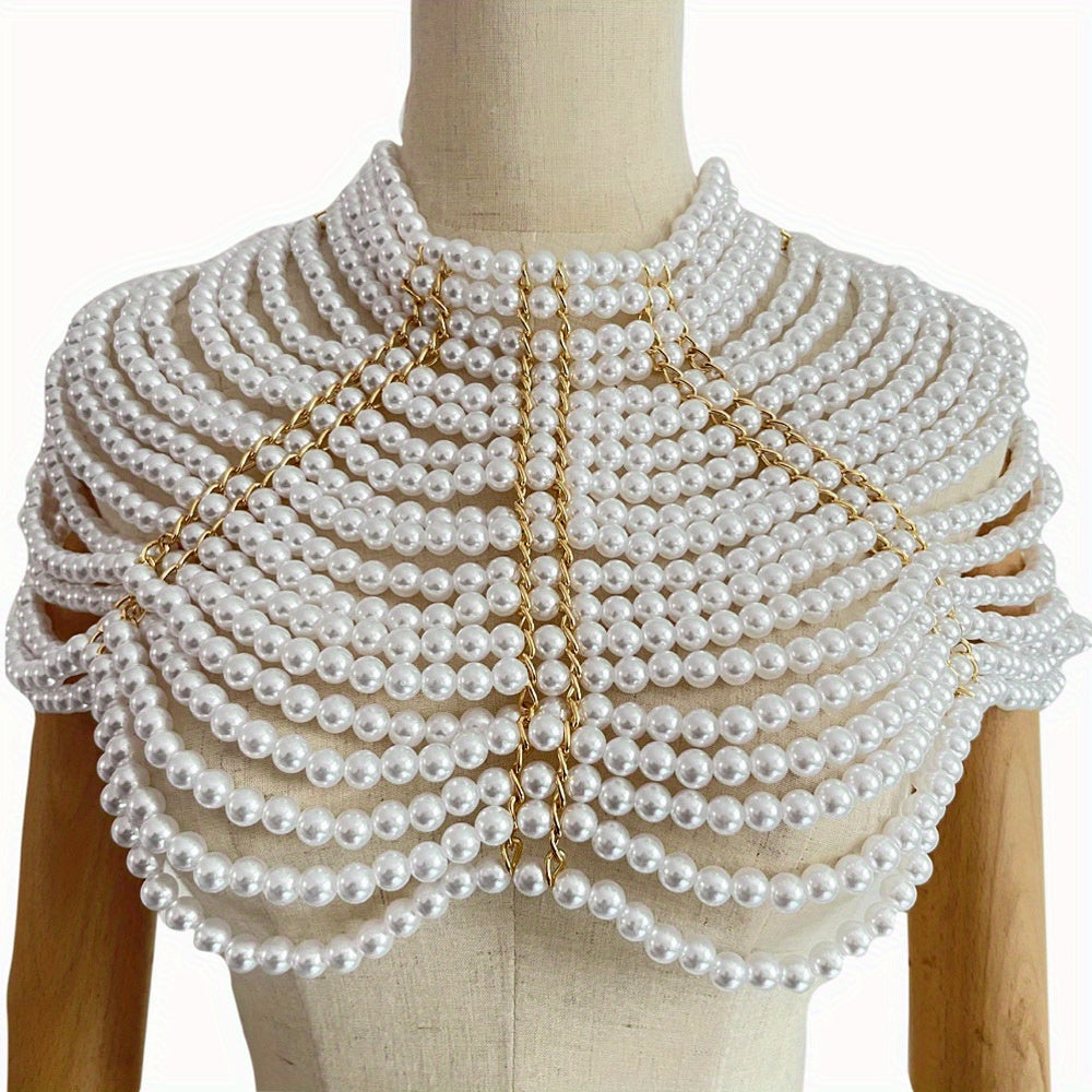 Elegant Boho Style Body Chain Jewelry with Handcrafted Faux Pearls and Shawl Detail