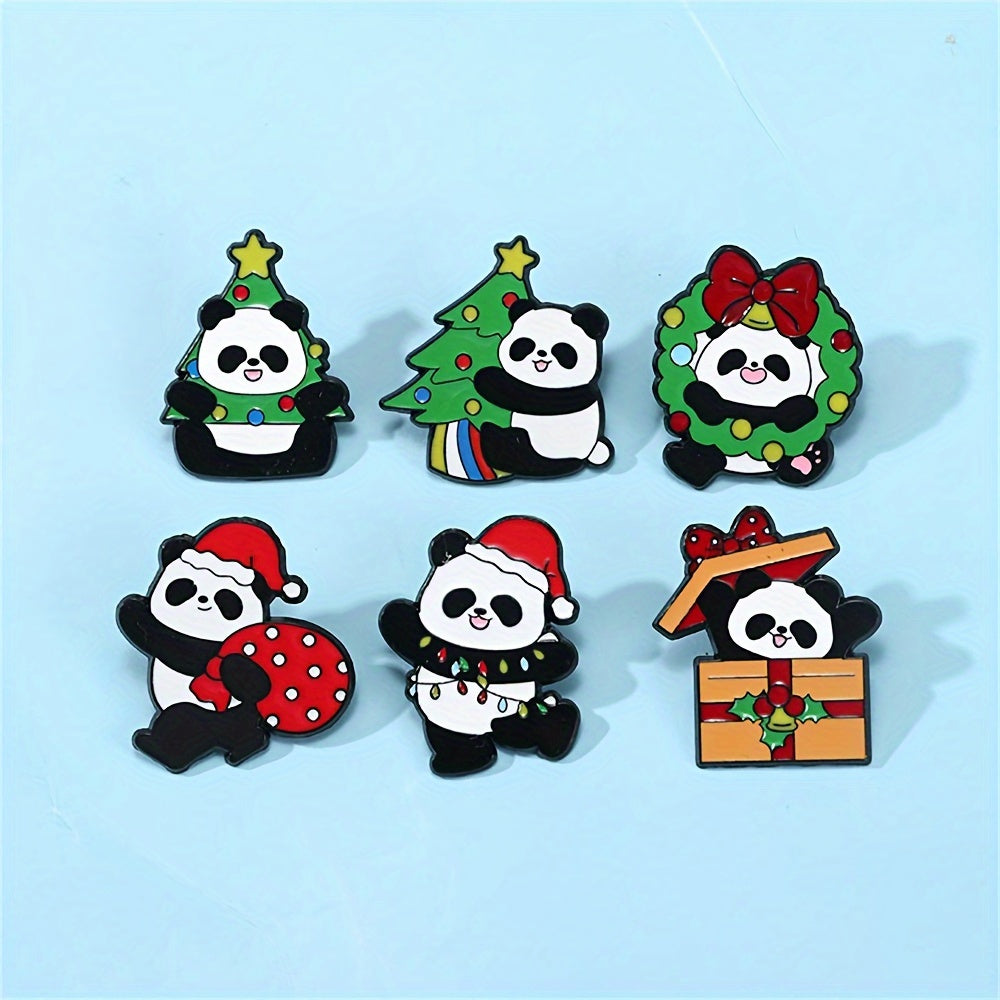 Set of 6 adorable enamel pins featuring cute cartoon pandas, made of durable alloy in animal shapes. Perfect for adding a touch of holiday cheer with novelty Christmas themed lapel badges. These decorative ornaments are great for accessorizing bags and