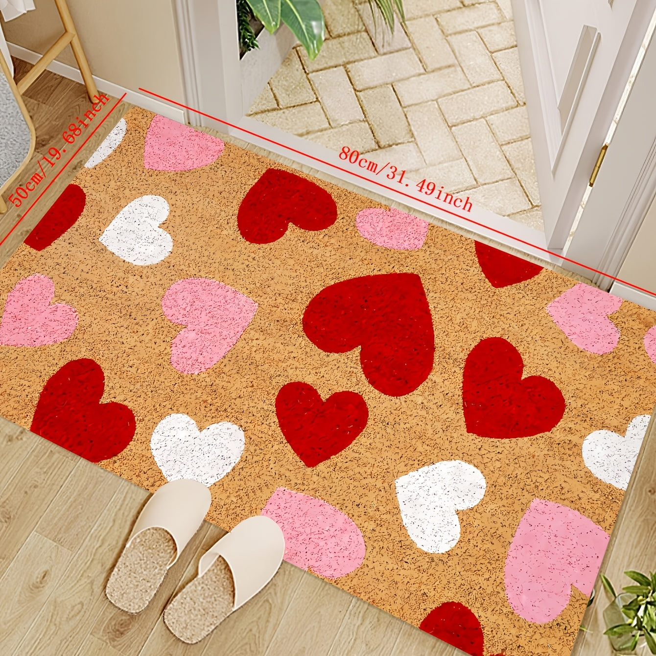 Valentine's Day Heart Door Mat - This machine washable, stain-resistant mat made of low pile polyester is perfect for indoor or outdoor use. Featuring a romantic red, pink, and white design, this easy-to-clean, machine-made rectangle rug is ideal for