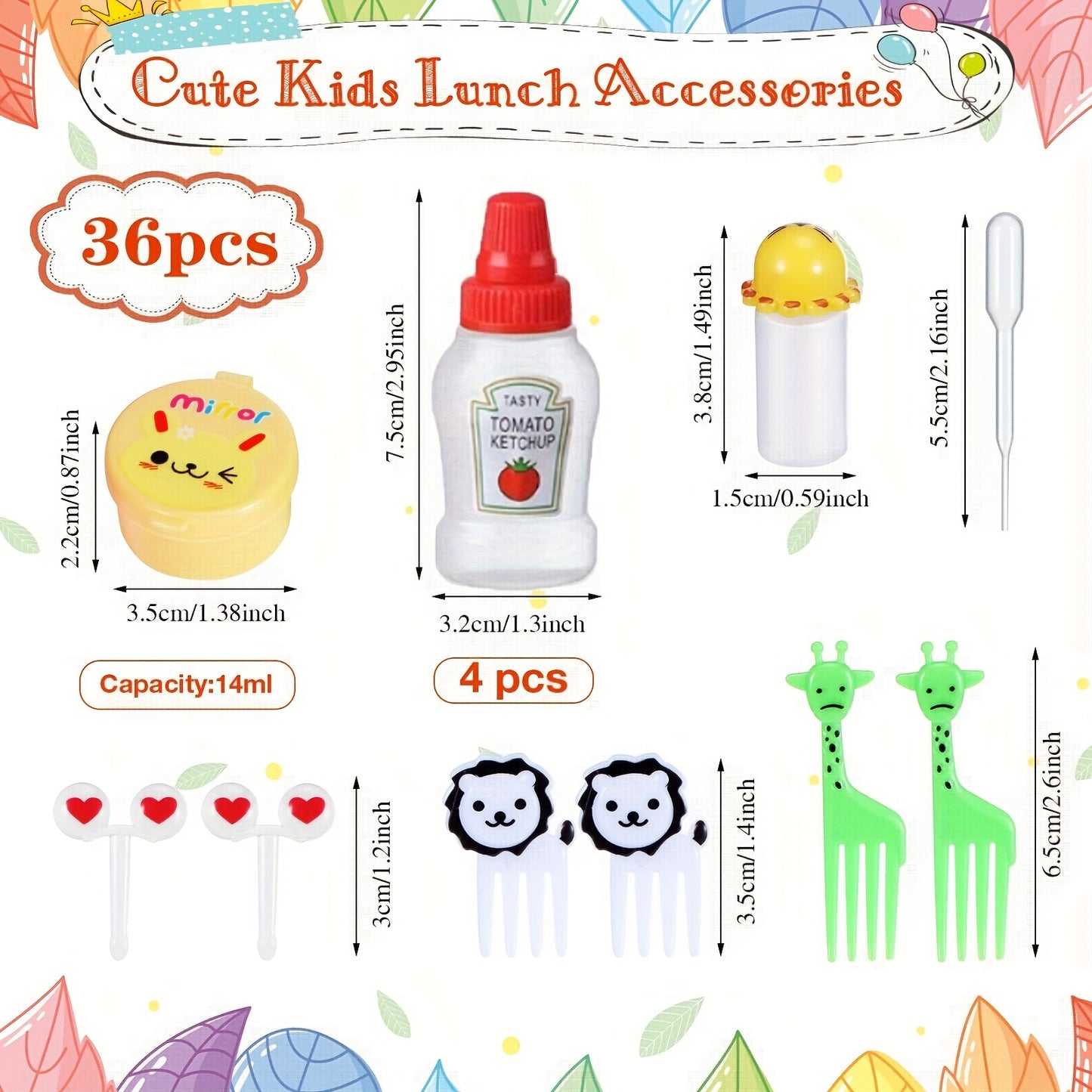 38-piece set of lunch accessories including animal and fruit fork picks, salad dressing squeeze bottles, and bento box decorations made of polypropylene. Perfect for adding fun to mealtime and a must-have for any kitchen.