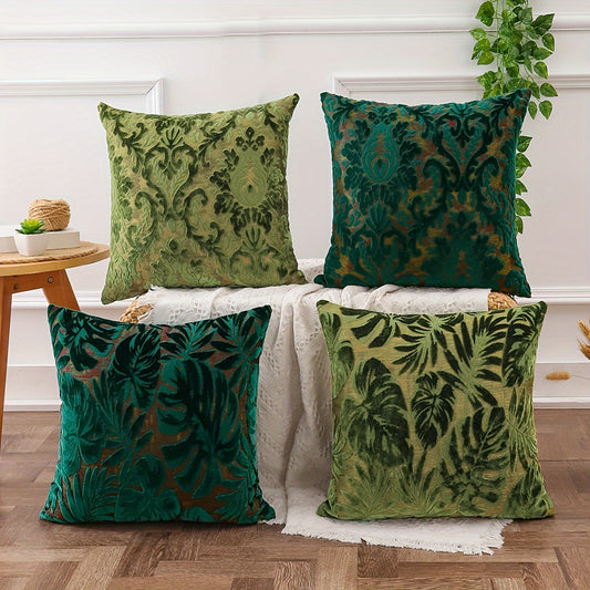 2 contemporary throw pillow covers with tropical plant design, made of polyester chenille jacquard. Machine washable with zipper closure. Inserts not included. Perfect for living room decor.