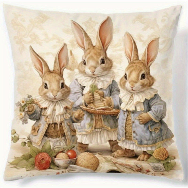 1pc Easter-themed pillowcase featuring a rabbit family print, perfect for farmhouse-style home decor. Soft, comfortable, and suitable for use in the living room, on the sofa, or anywhere in the room. Pillow core not included.