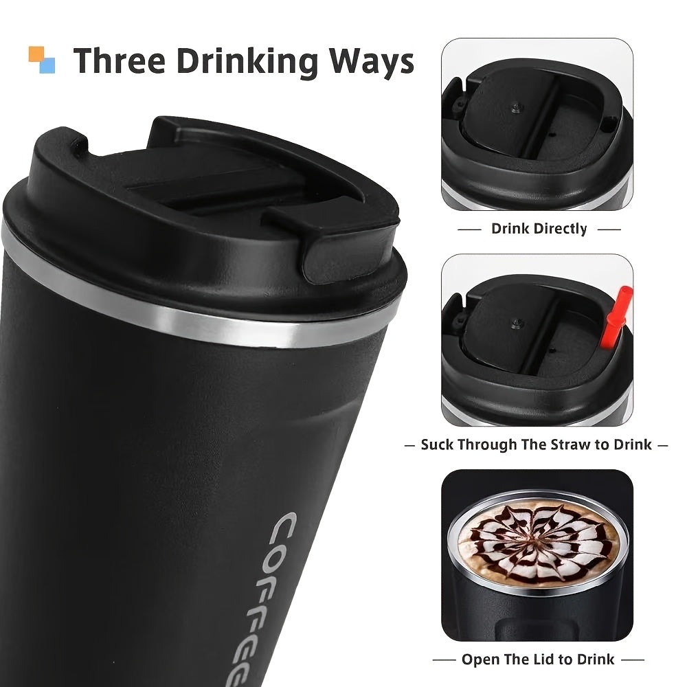 Vacuum-insulated stainless steel travel coffee mug in tumbler style, leakproof, reusable, hand wash only, 380ml/510ml, unstable cup.