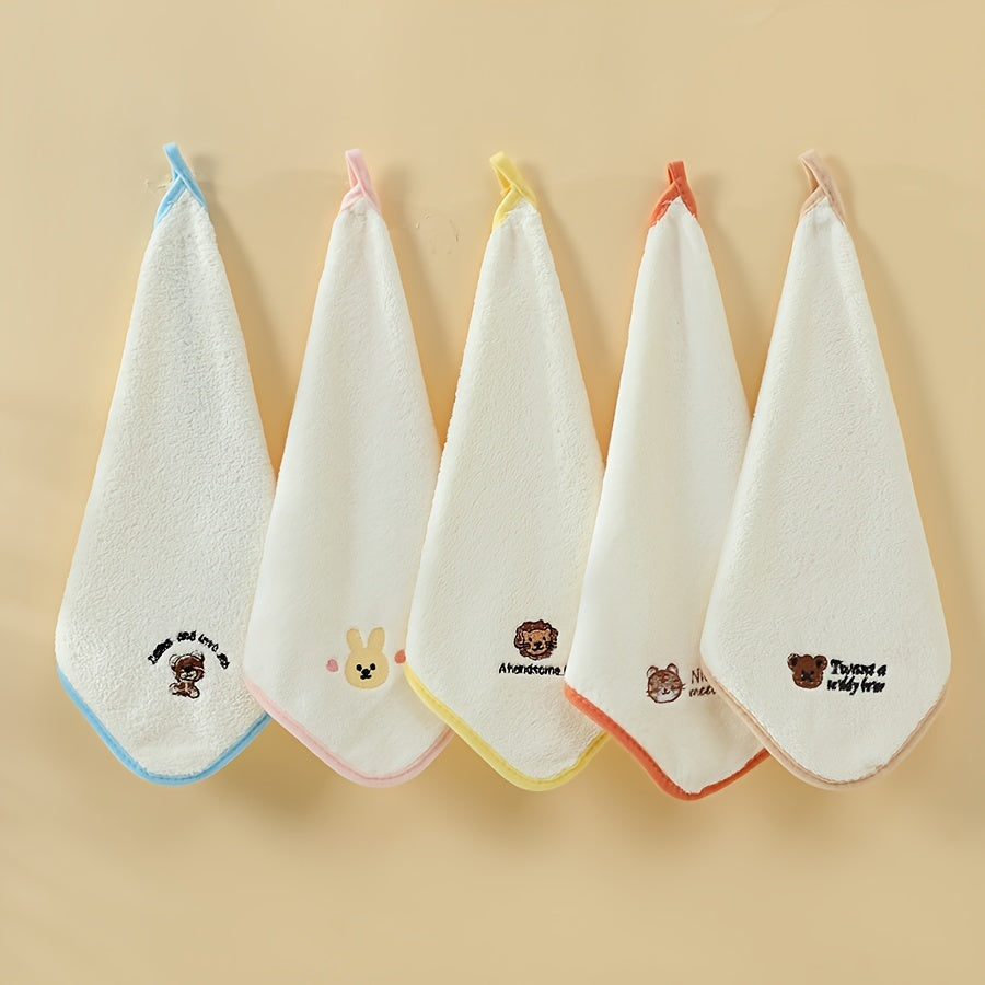 Set of 5 adorable cartoon embroidered towels, made with soft polyester-nylon blend, fade resistant and durable at 368gsm