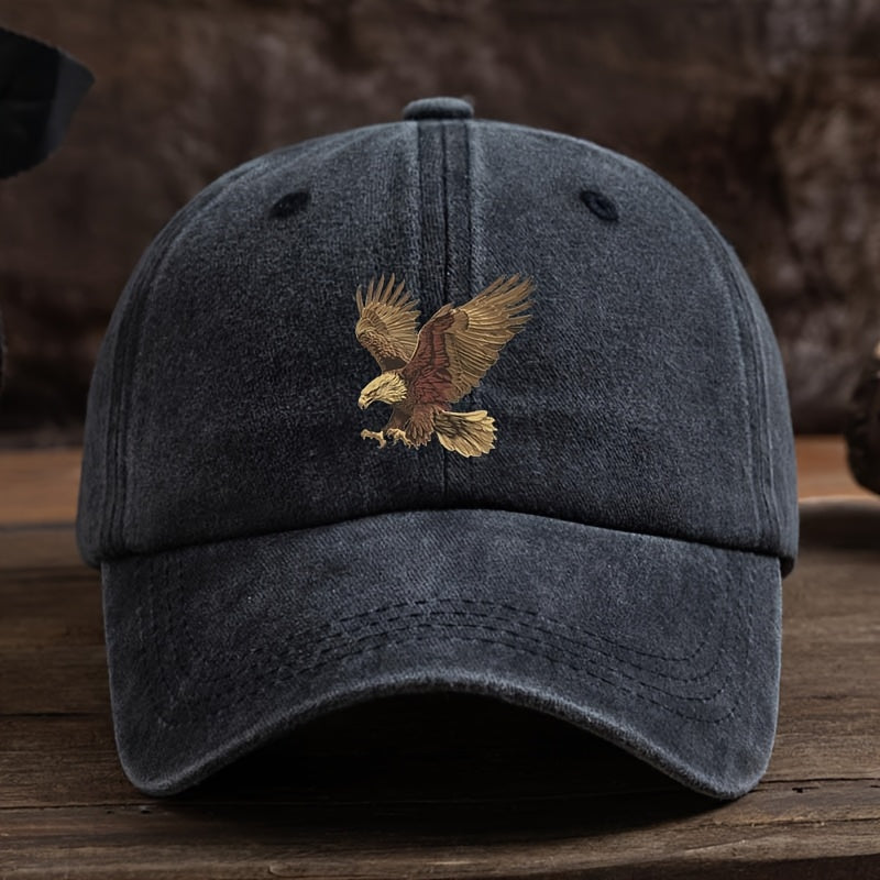 Men's adjustable dark blue baseball cap with eagle print. Made of machine washable polyester for sun protection and durability.