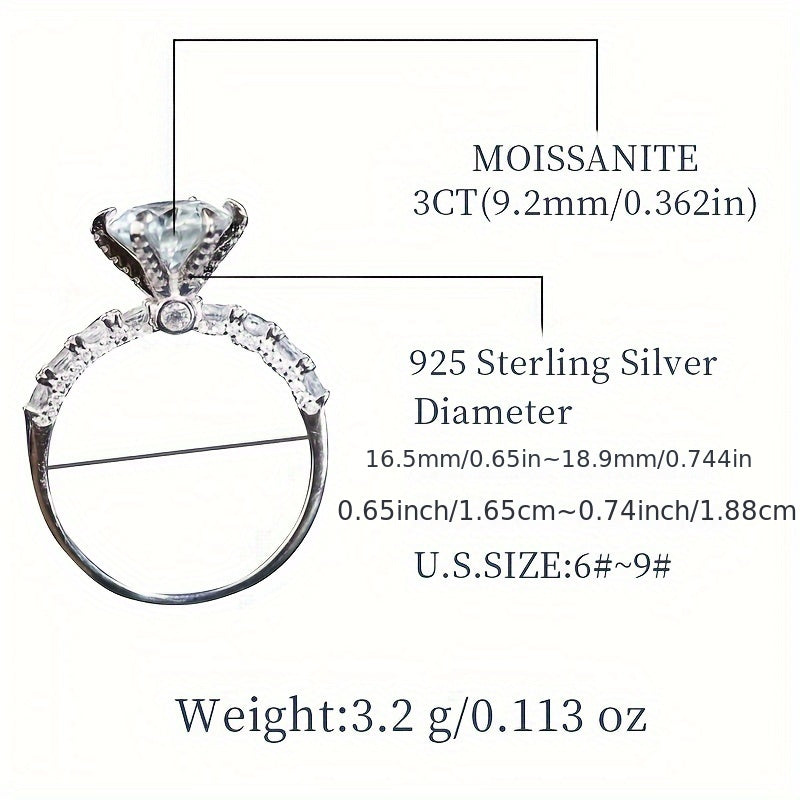 Classic 6-Claw 3ct Moissanite Wedding Engagement Ring in 925 Sterling Silver, Complete with Moissanite Certificate and Elegant Gift Box