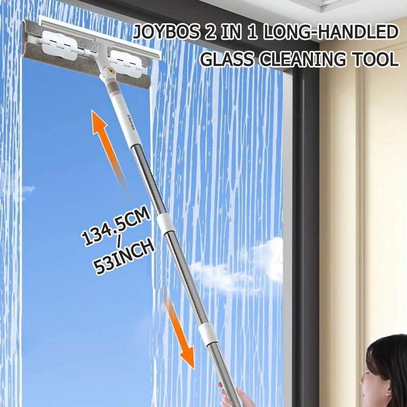 JOYBOS presents the convenient 2-in-1 Long-Handled Glass Cleaning Tool. This 53-inch tool features a combination of a stainless steel and plastic window squeegee along with a brush, making it perfect for indoor or outdoor cleaning tasks. Use it on walls