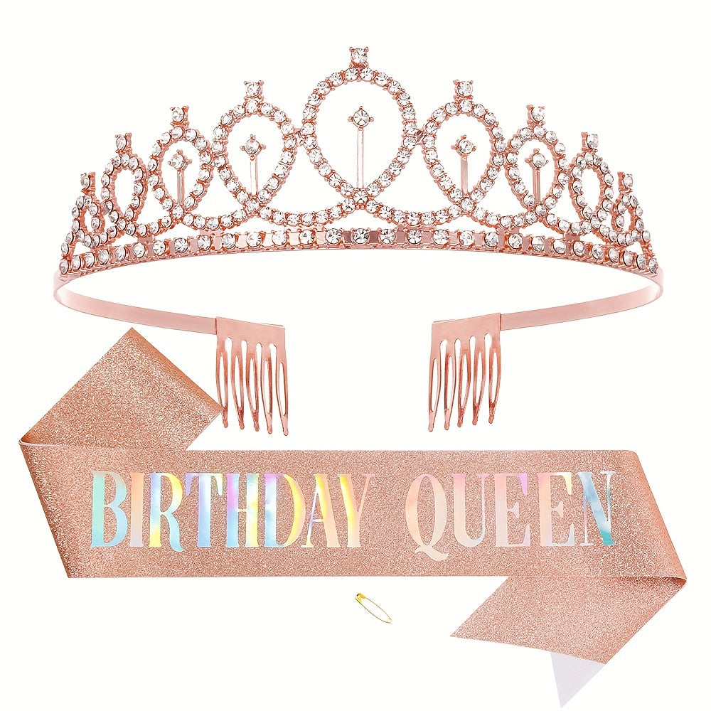 Celebrate Your Special Day with a Rhinestone Princess Tiara, Birthday Queen Sash, and Birthday Decoration Accessories