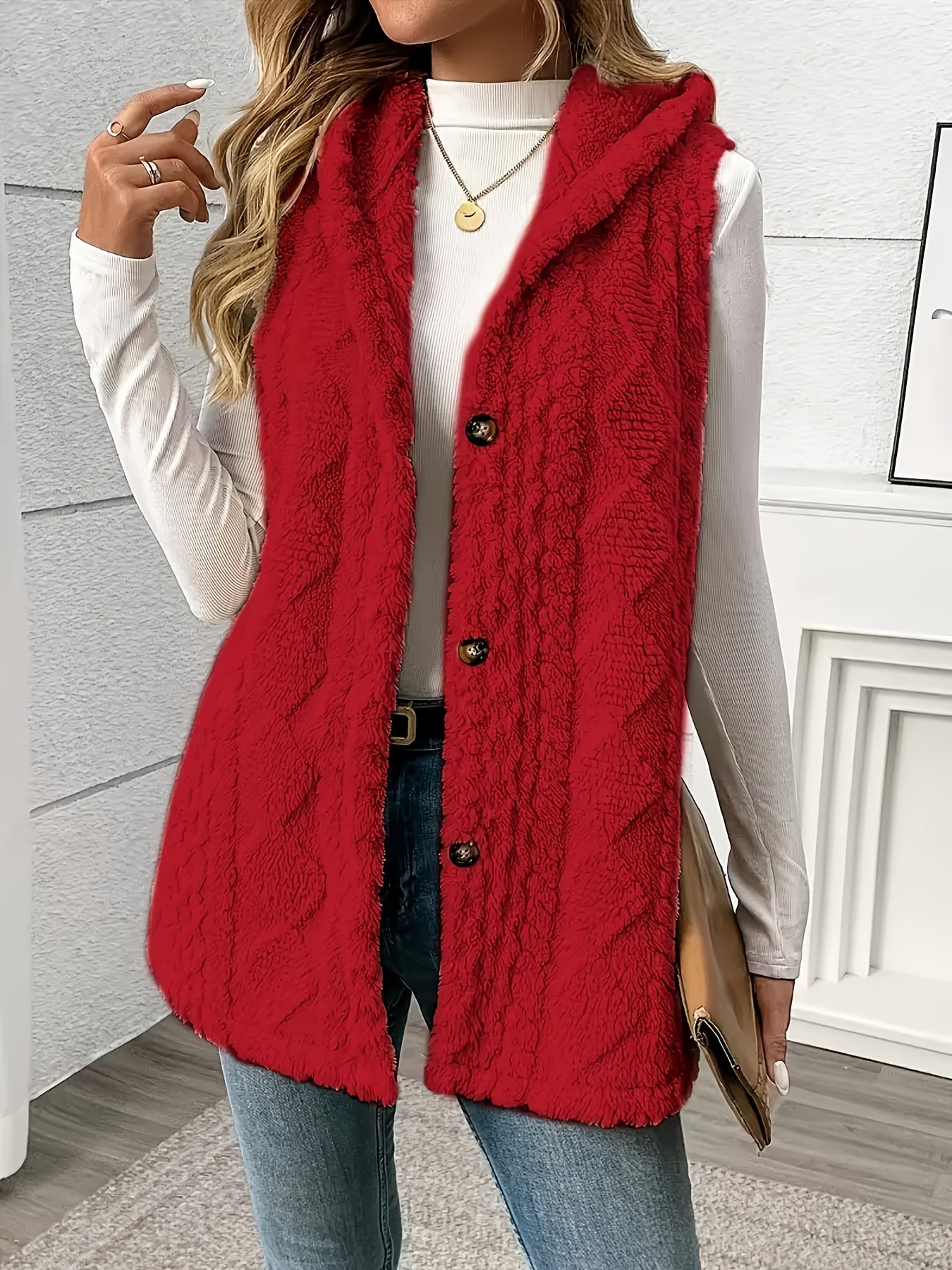 Sleek sleeveless hooded vest for women in solid color with plush texture and button detail. Machine washable and perfect for fall & winter.