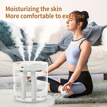 1 compact misting humidifier with 3 outlets, USB-powered, ideal for bedroom or office use, desktop-friendly design.