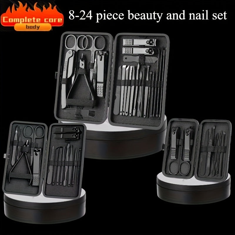 Nail clippers set with 8/15/24 pieces in a portable travel case for professional manicure and pedicure grooming on the go.