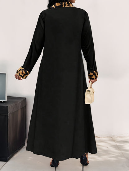 Plus Size Elegant Leopard Print Trim Long Dress with Regular Sleeves made of Women's Polyester Blend. This dress features Non-Stretch Fabric, Long Sleeve, Straight Hem, Loose-Fit Tunic