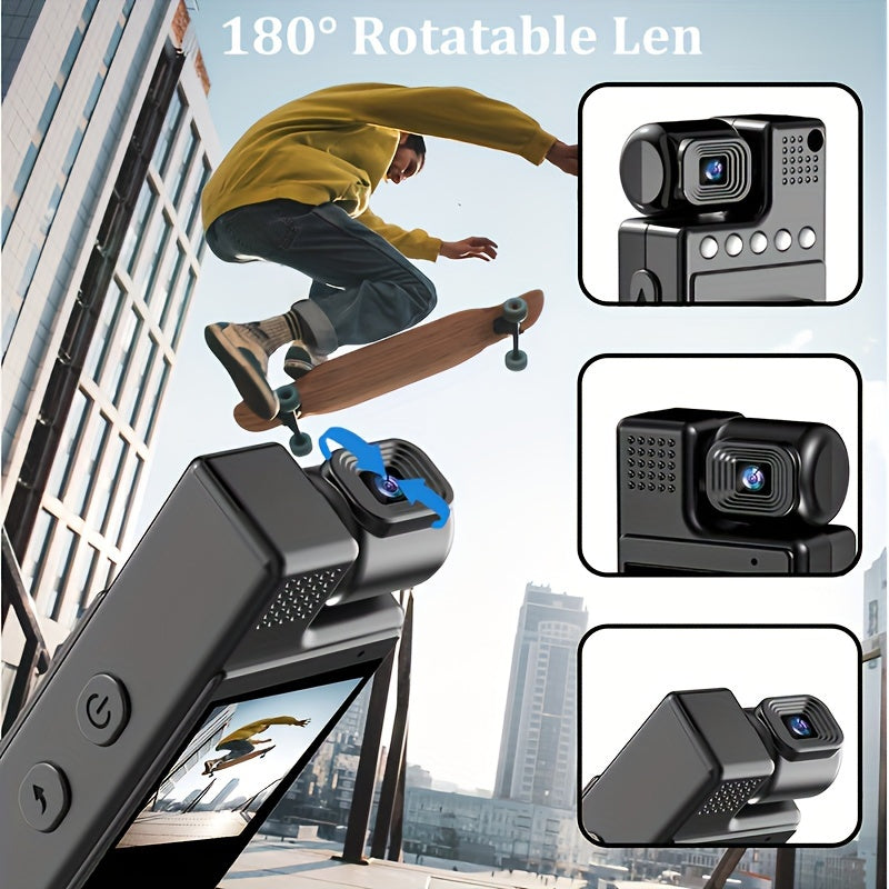 YIIYRY Portable Sports Action Camera with 180° Rotatable Lens, 1080P HD Video, 3.81 cm Display, Live Preview & Playback, Night Vision, Dual Power, Rechargeable Battery, Cloud Storage -