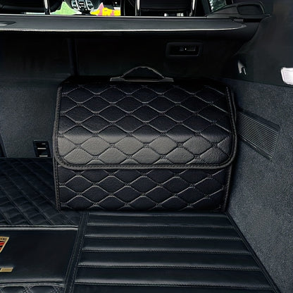 Premium PU leather car trunk organizer with collapsible cargo storage box and tension mount. Multi-functional for toys, food, and more with sleek black design and diamond-stitched pattern.