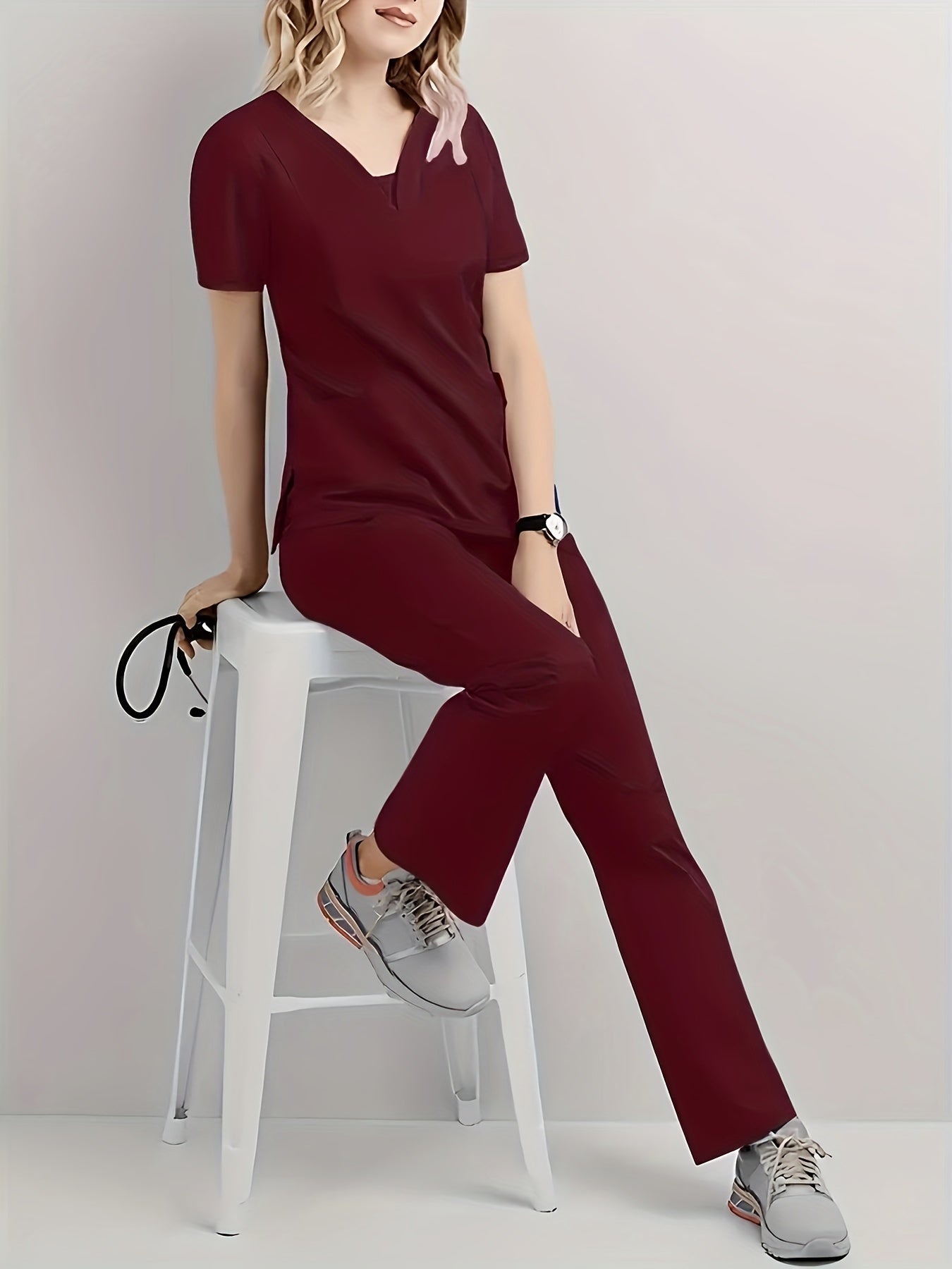 Women's V-Neck Scrub Set in Red, Polyester Blend, Short Sleeve, Machine Washable, with Pockets.