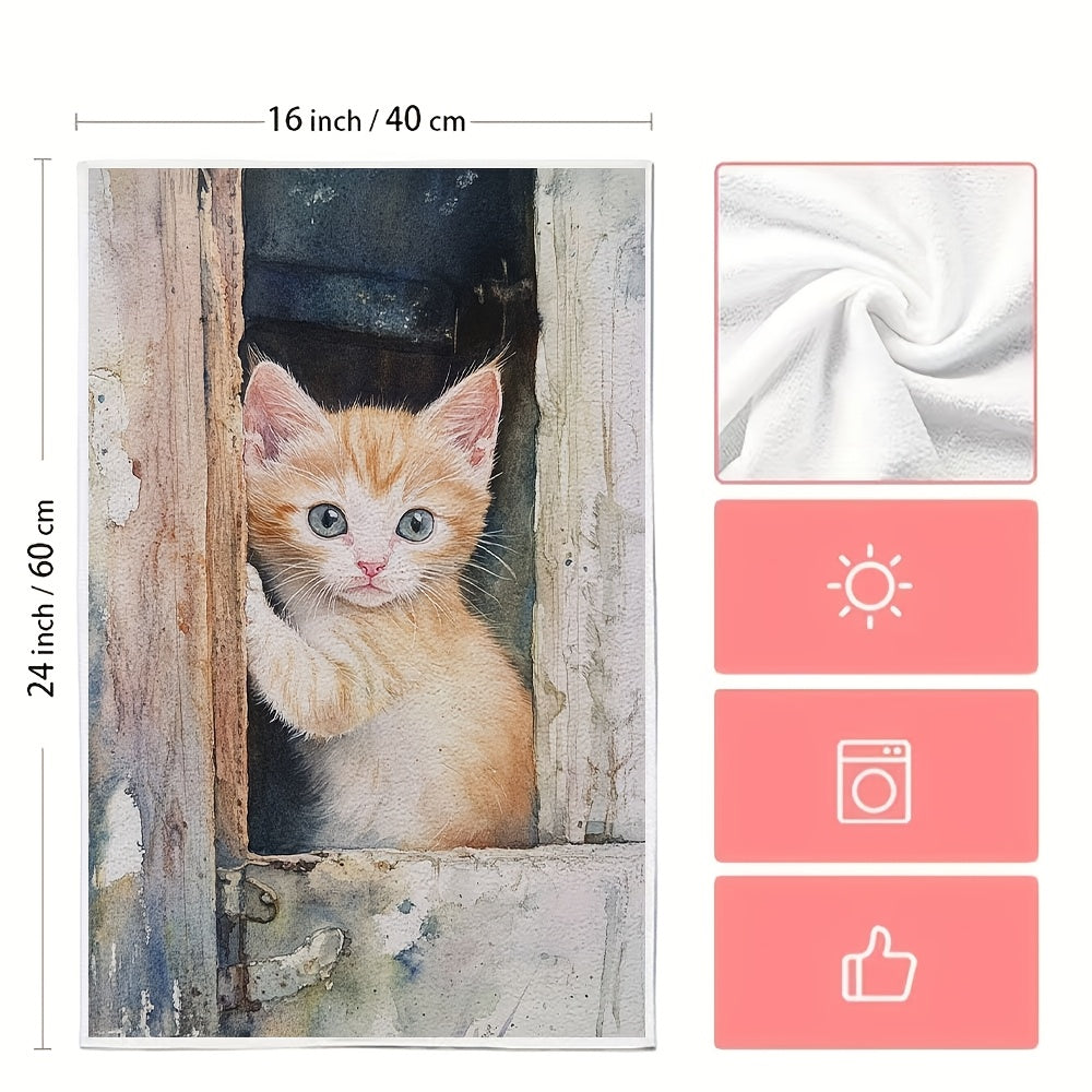 This kit includes 2 ultra-soft kitchen towels with a gentle meow from a kitten wanting to come inside. These highly absorbent dish and hand towels are ideal for holiday decoration, machine washable, and measure 40.64x60.96 cm.