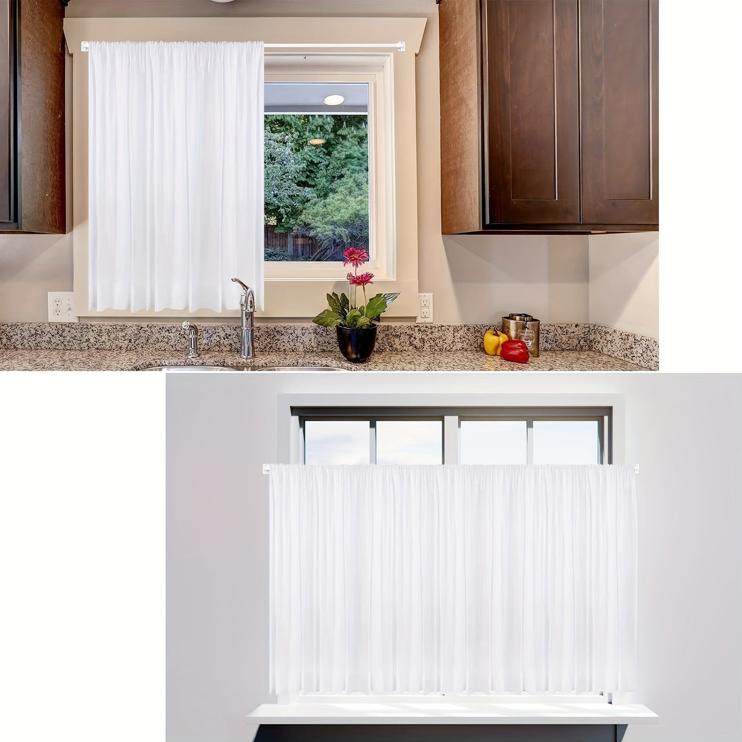 Two small curtain rods with retractable and adjustable features, includes four 7-shaped screws and five adhesive plastic supports.