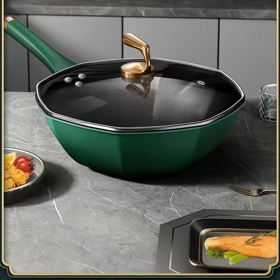 Octagon-shaped cast iron skillet with non-stick coating, ideal for use on gas and induction cooktops. Smokeless and versatile, perfect for all your frying needs.