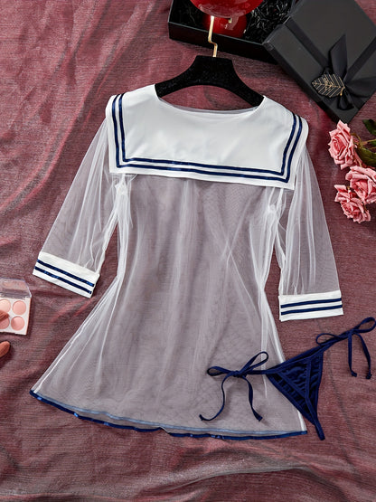 Sexy Preppy cosplay costume: sheer mesh sailor dress with thong.