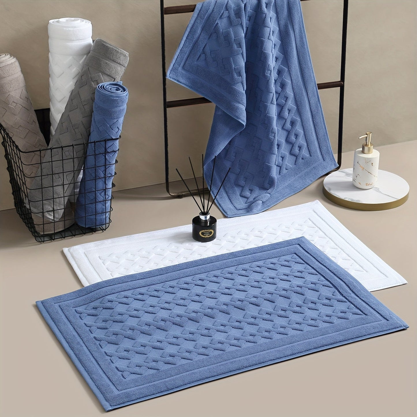 High-end 5-Star Hotel Quality Non-Slip Bath Mat - Absorbent, Machine Washable, Square Design with Striped/Solid Color Options, Low Pile for Home & Bathroom Safety, Luxury Bathroom Rug