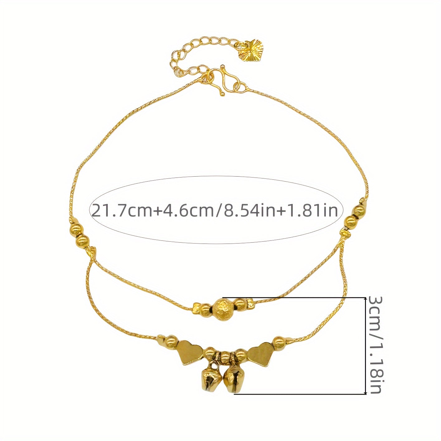 Classic and Elegant 24K Gold Plated Double Strand Anklet with Heart Charms and Bells, Made of Copper, No Mosaic Design, Perfect for Women, Ideal Fashion Jewelry for Weddings, Parties, and Year-round Wear