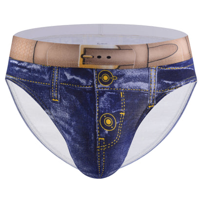 Men's fashion cotton 3D denim boxer briefs with belt print, breathable and stylish underwear.